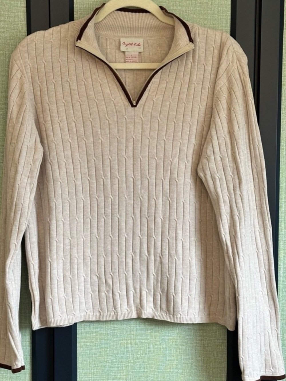 Vintage 90s 100% Cotton Beige Lightweight Cable Knit Quarter Zip Sweater, Size L